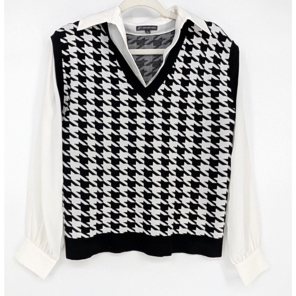 Adrianna Papell Black Houndstooth Sweater Vest Layered Collared Shirt 90s Twee - Picture 6 of 12